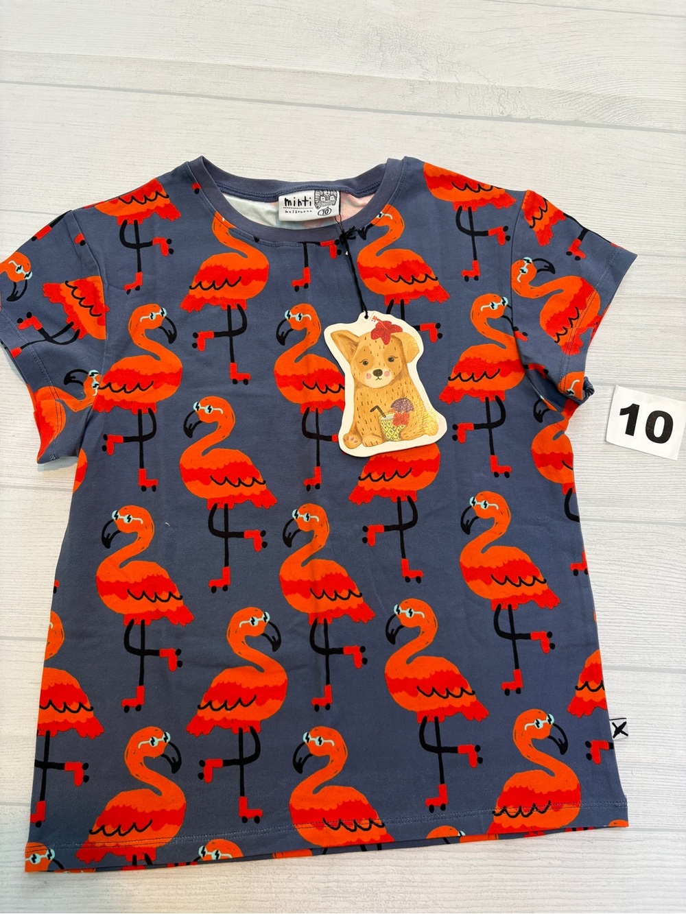 Minti Navy Tee with Red-Orange Flamingo Print
